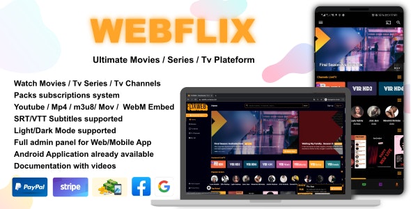 WebFlix PHP script interface showing movie and TV series streaming platform