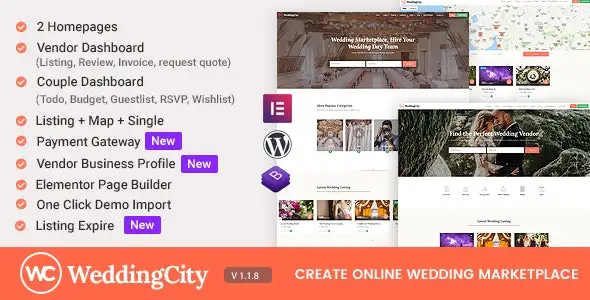WeddingCity wedding vendor directory WordPress theme dashboard preview