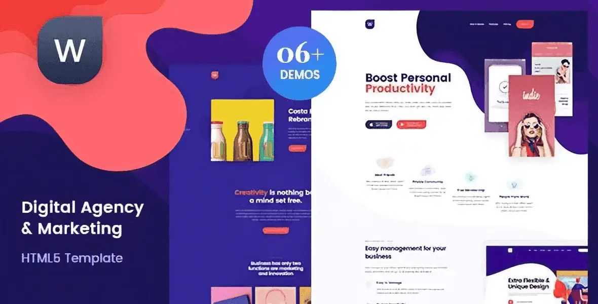 Wekala HTML5 digital agency and marketing website template showcasing multiple homepage layouts and design sections