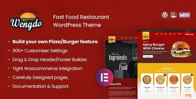 Wengdo fast food WordPress theme homepage preview for burger and pizza restaurants