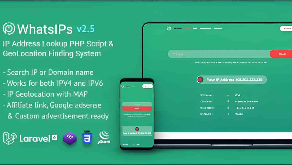 WhatsIPs IP Address Lookup PHP Script dashboard showing geolocation and ISP details