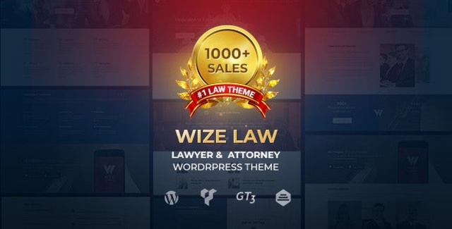 WizeLaw lawyer and attorney WordPress theme preview showing professional legal website design
