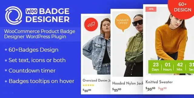 WooCommerce product badge designer plugin interface showing customizable sale and discount badges