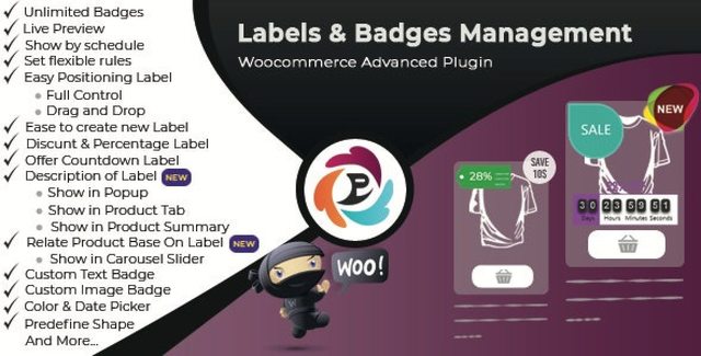 WooCommerce product label and badge plugin interface showing custom labels on product images