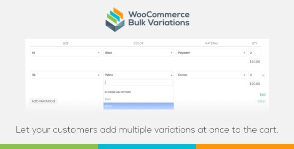 WooCommerce Bulk Variations plugin interface showing searchable variation selection