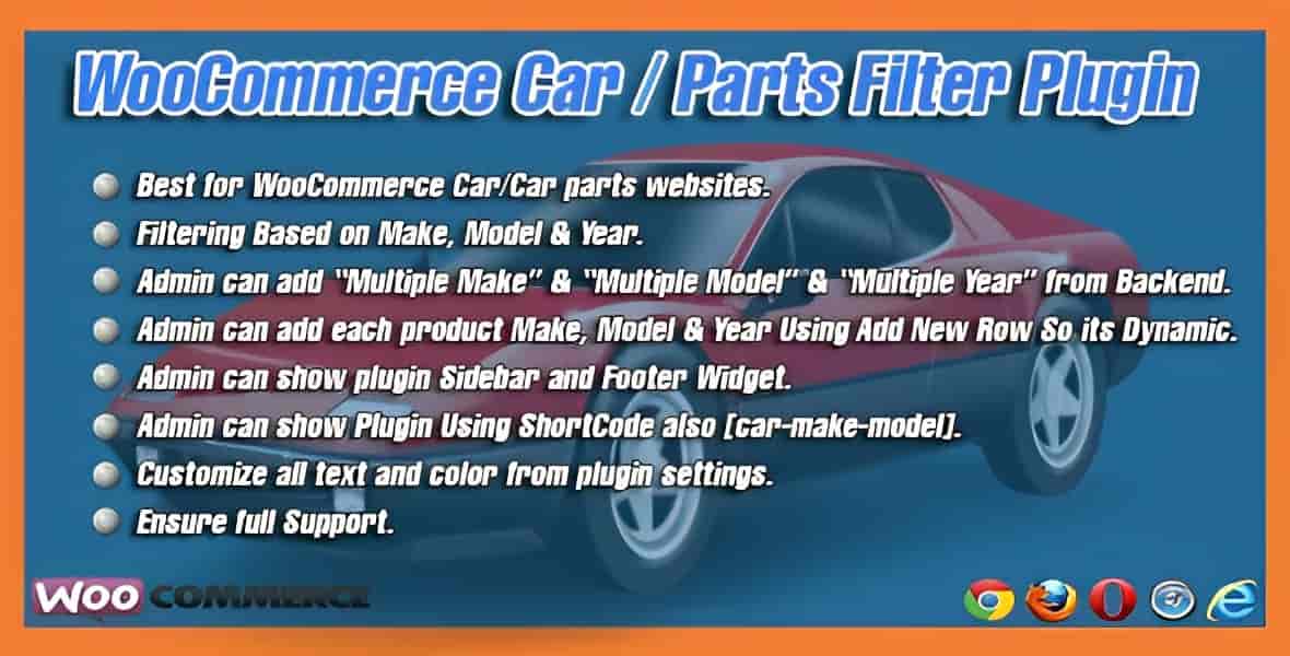 WooCommerce car parts filter plugin interface showing make model and year dropdown filters on a vehicle parts store