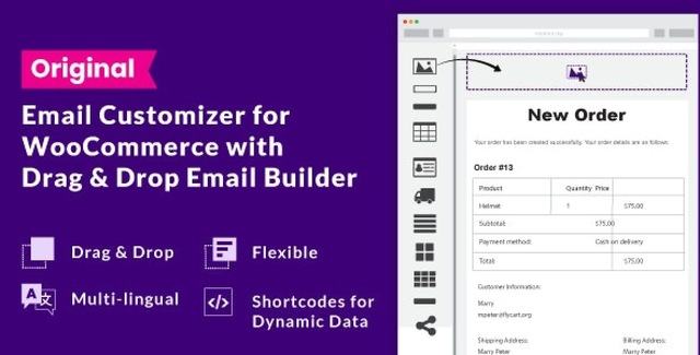 WooCommerce email customizer drag and drop builder interface showing customizable email template elements