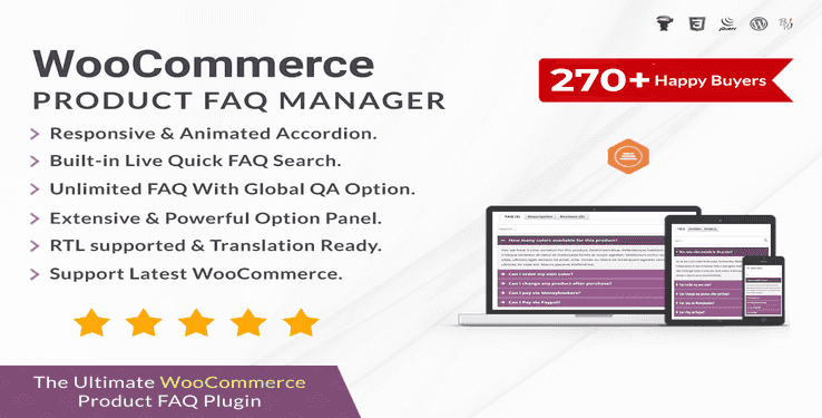 WooCommerce Product FAQ Manager plugin interface showing searchable accordion FAQ tabs on a product page