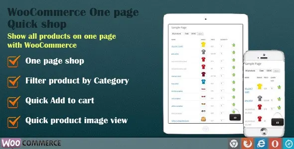 WooCommerce One Page Quick Shop plugin interface showing product listing and add-to-cart functionality