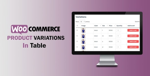 WooCommerce variations in table plugin showing product variation columns with images, prices, and add to cart buttons