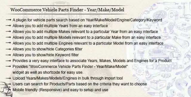 WooCommerce Vehicle Parts Finder plugin interface showing Year Make Model Engine search filters