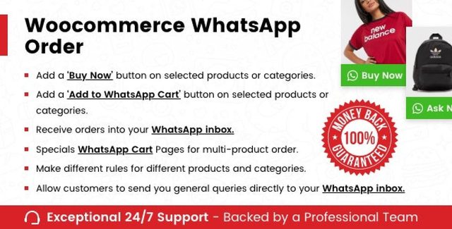 WooCommerce WhatsApp order plugin interface showing product order via WhatsApp integration