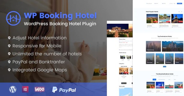 WordPress hotel booking plugin dashboard showing Elementor compatible reservation system with availability calendar