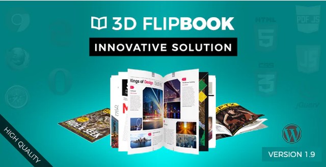 WordPress FlipBook Plugin displaying a 3D interactive flipbook with page-turning animation