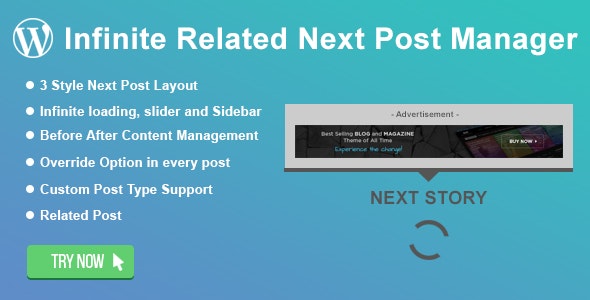 WordPress Infinite Related Next Post Manager plugin interface showing infinite scrolling navigation with multiple style options