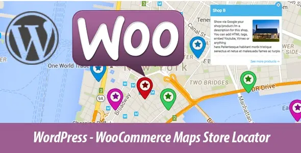 WooCommerce Maps Store Locator showing interactive Google Map with custom markers and store locations