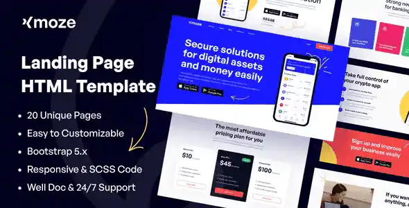 Xmoze creative HTML landing page template preview for SaaS and app showcase websites