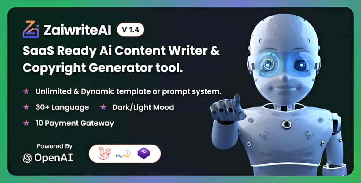 ZaiwriteAI AI content writer SaaS PHP script dashboard