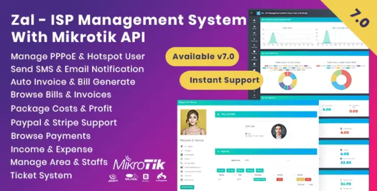 Zal ISP Management System dashboard showing Mikrotik PPPoE and Hotspot user management interface