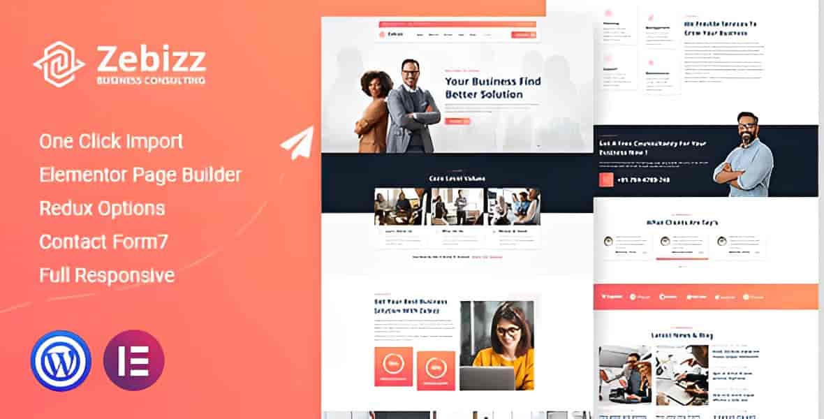 Zebizz business consulting WordPress theme preview on desktop and mobile