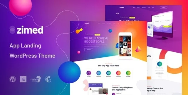 Zimed app landing WordPress theme homepage preview showcasing Elementor PRO design layout
