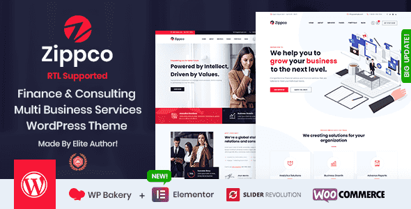Zippco business consulting WordPress theme demo showing corporate website layout