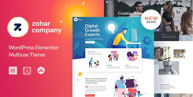 Zohar business consulting WordPress theme showcasing a modern corporate website layout with Elementor PRO