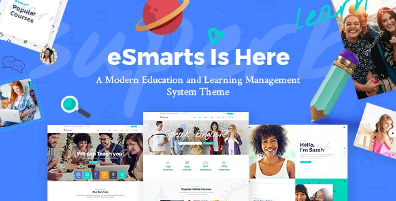 ESmarts education and LMS WordPress theme demo showing school management and course layouts