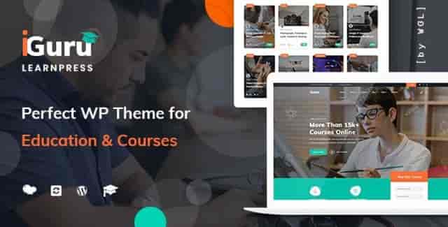 IGuru education and courses WordPress theme homepage preview with Elementor Pro and LearPress LMS support