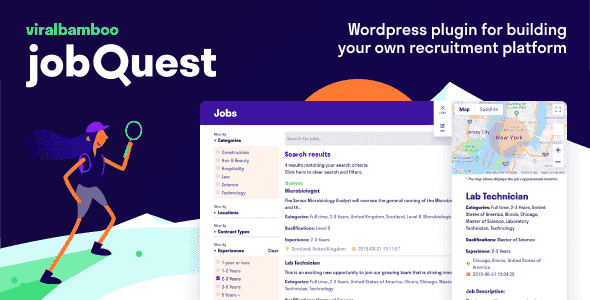 JobQuest WordPress plugin interface showing job search and recruitment features