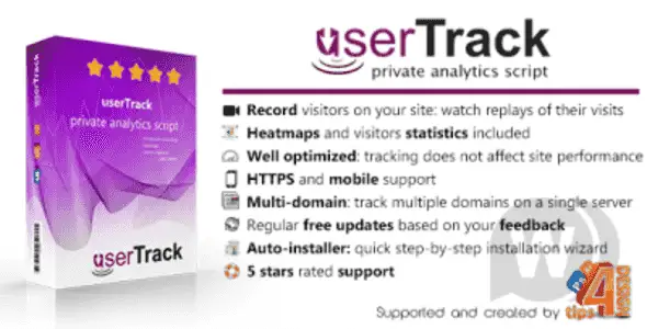 UserTrack PHP analytics dashboard showing mouse heatmaps and visitor session recordings